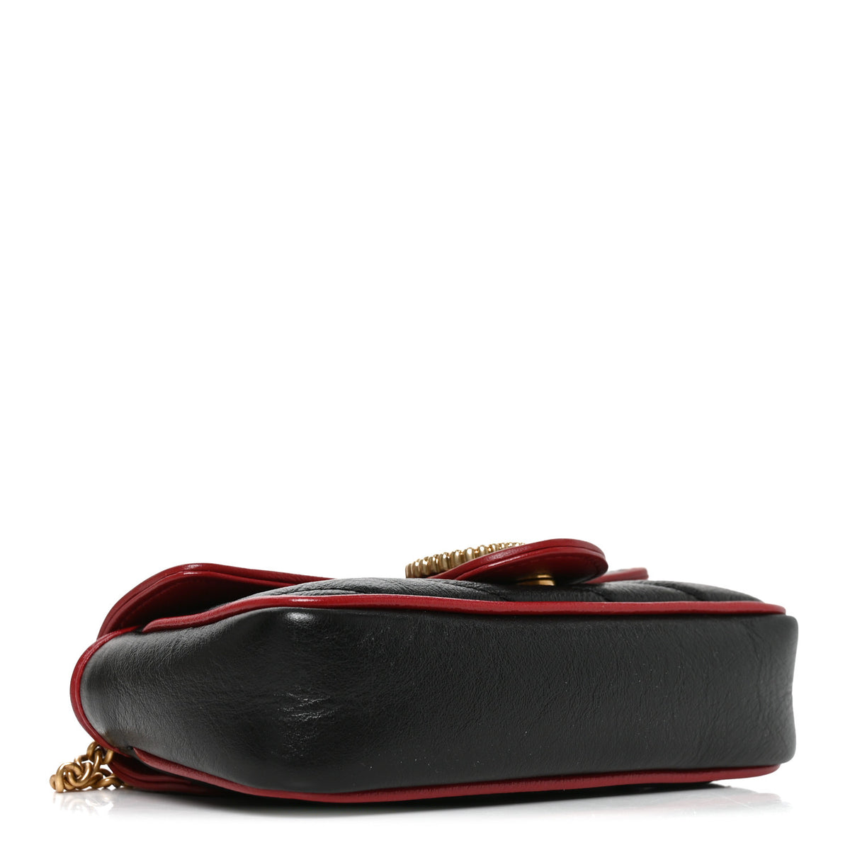 Vintage Effect Calfskin Matelasse Diagonal Super Mini Torchon GG Marmont Shoulder Bag Black Romantic Cherry