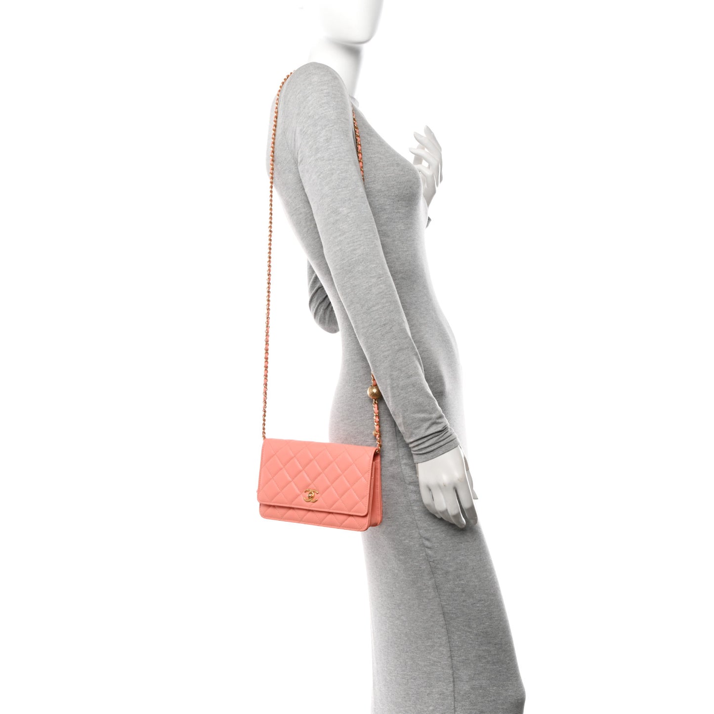 Lambskin Quilted Pearl Crush Wallet on Chain WOC Light Orange