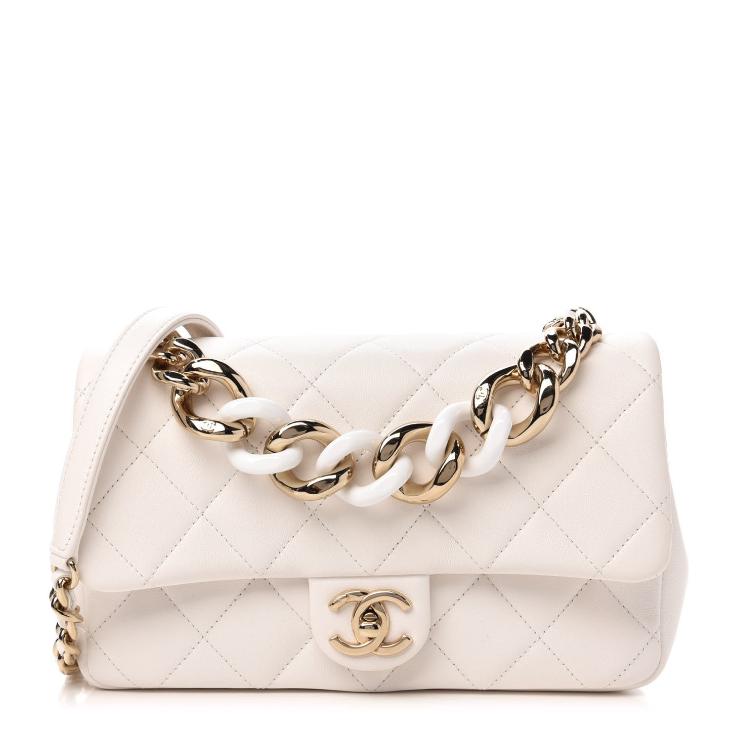 Lambskin Quilted Resin Bi-Color Chain Flap Bag White