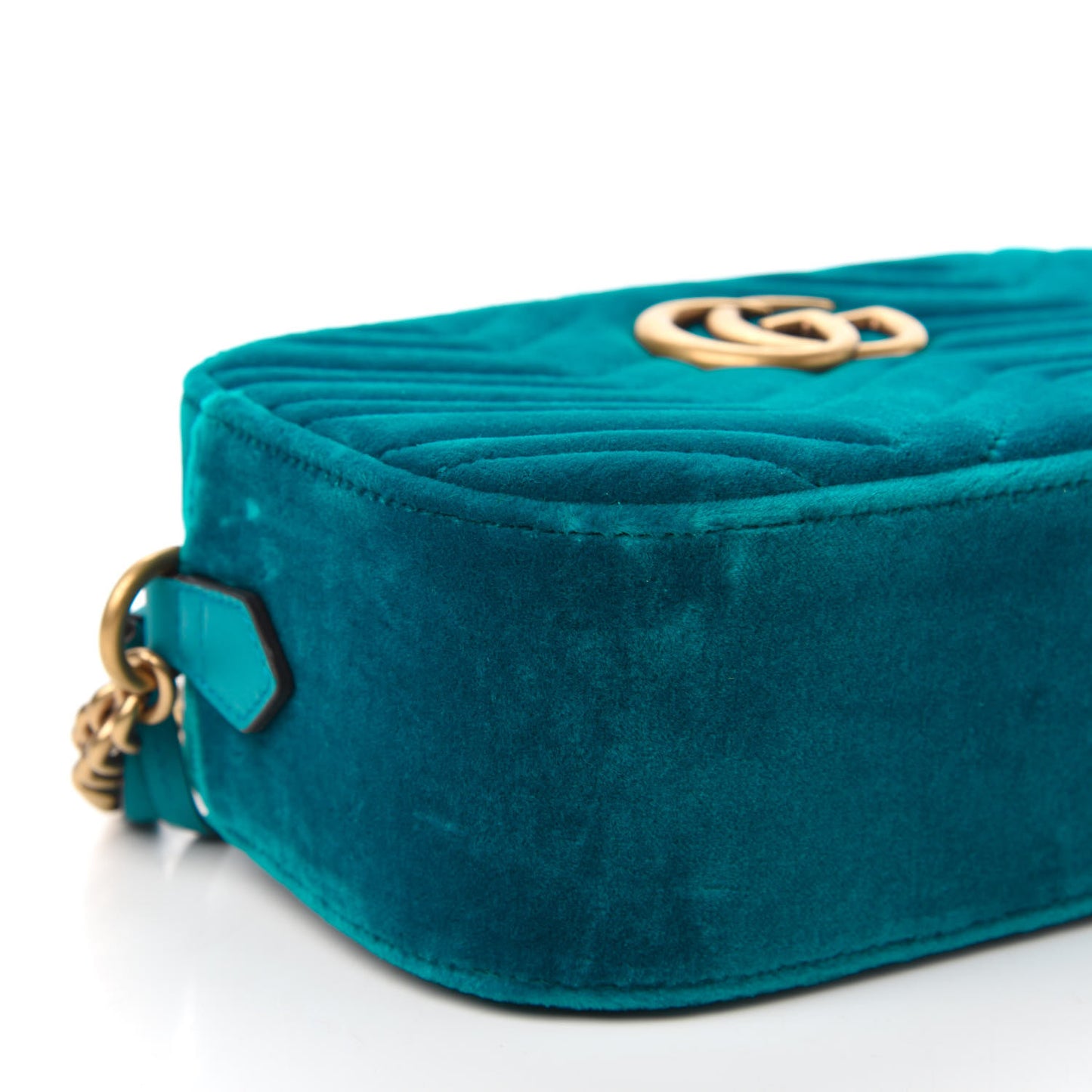 Velvet Matelasse Small GG Marmont Chain Shoulder Bag Pavone Cyan
