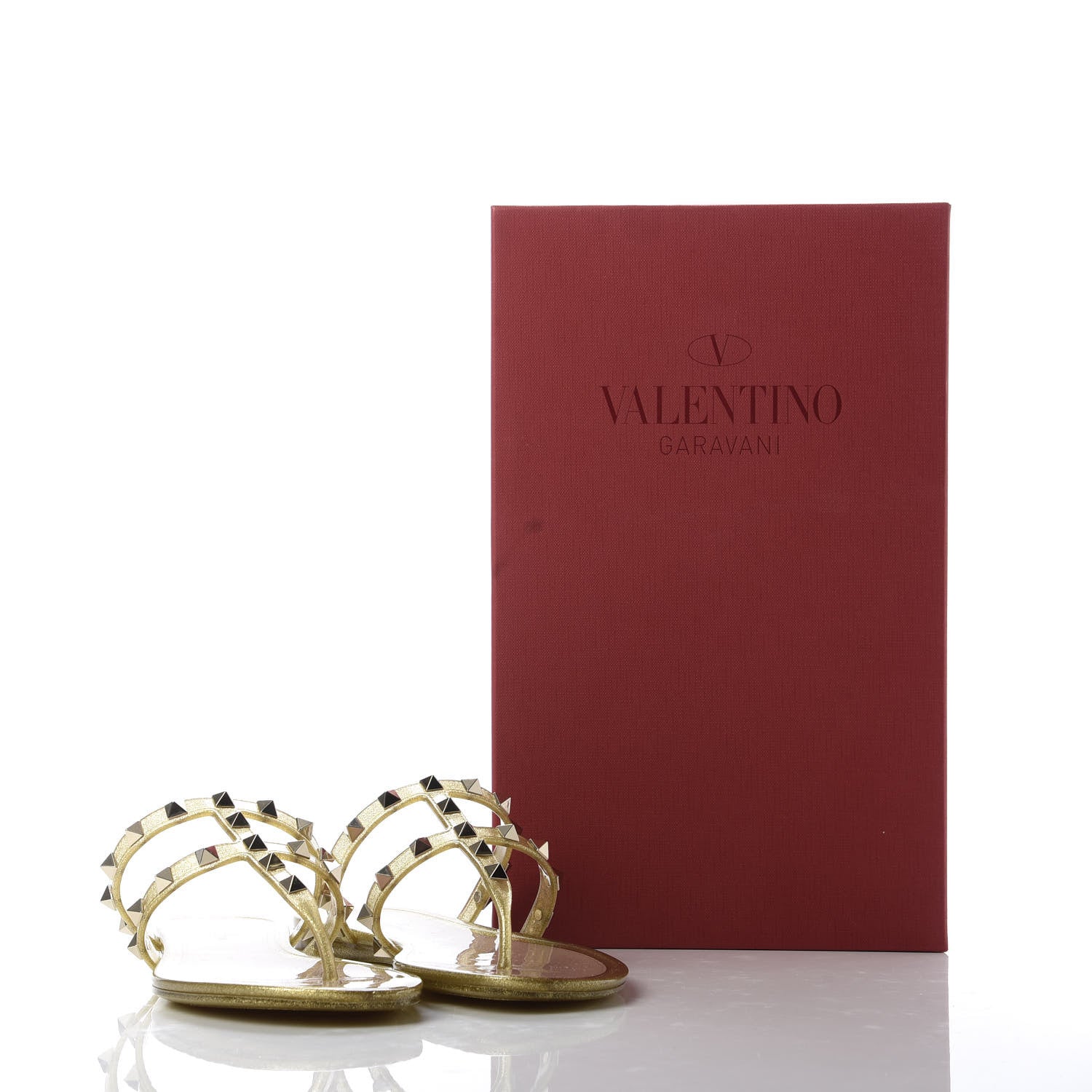 Valentino Garavani PVC Jelly Glitter Rockstud Caged Flat Thong Sandals 36 Oro 9 of 9
