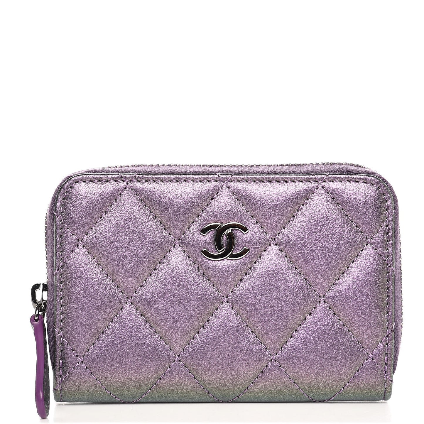 Metallic Lambskin Quilted Zip Around Coin Purse Wallet Purple