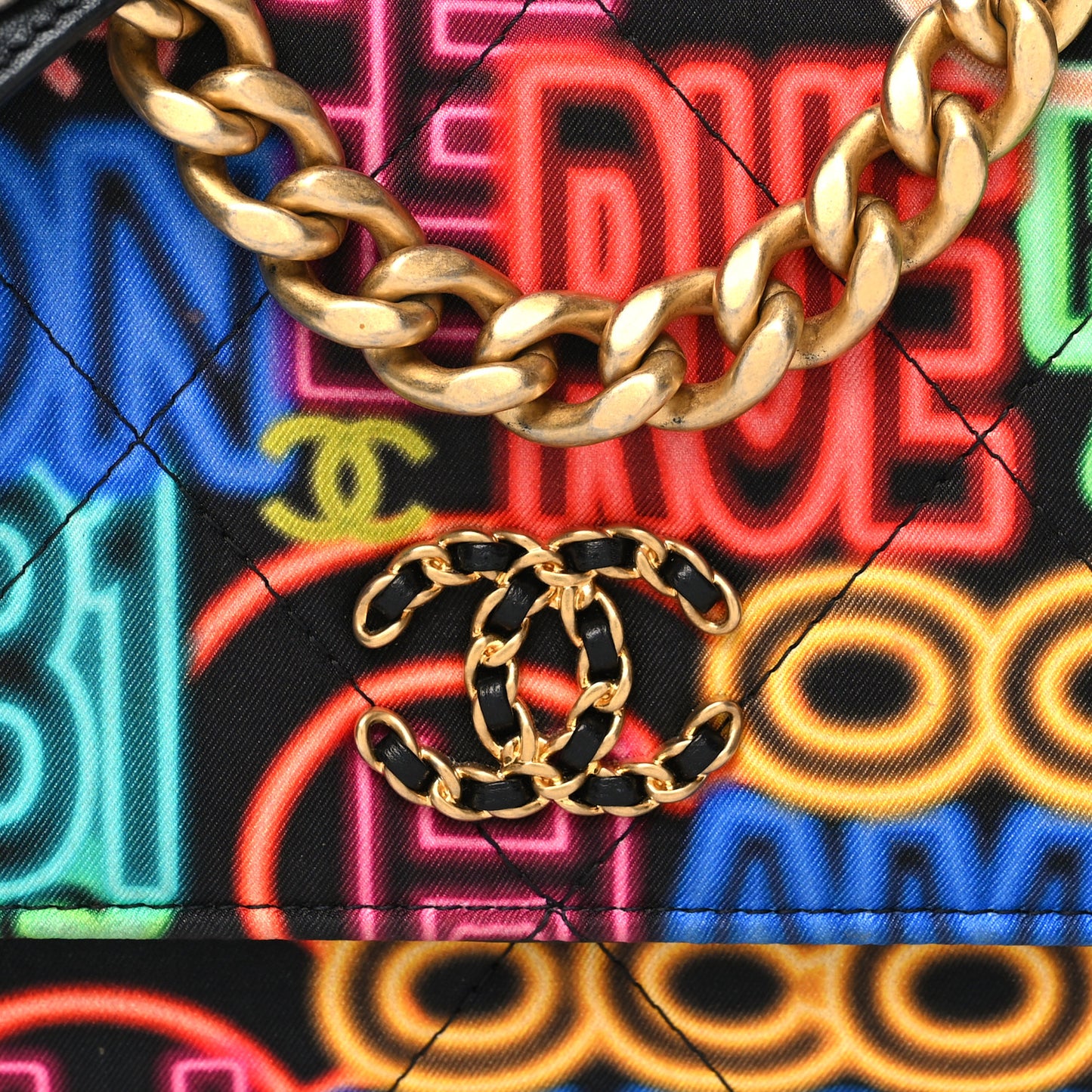 Fabric Printed Chanel 19 Wallet On Chain WOC Black Multicolor