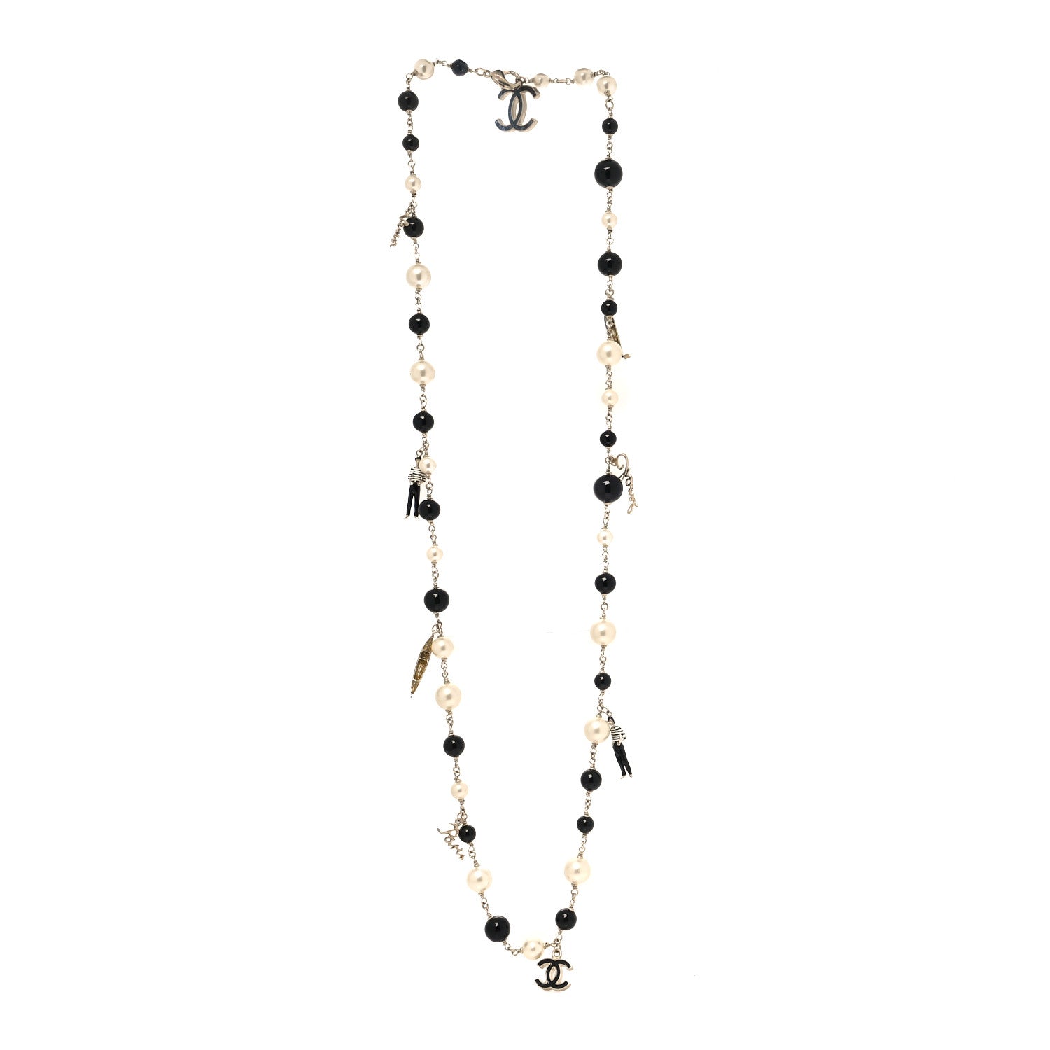 Chanel Resin Pearl Bead CC Logo Necklace Silver Black White 3 of 5