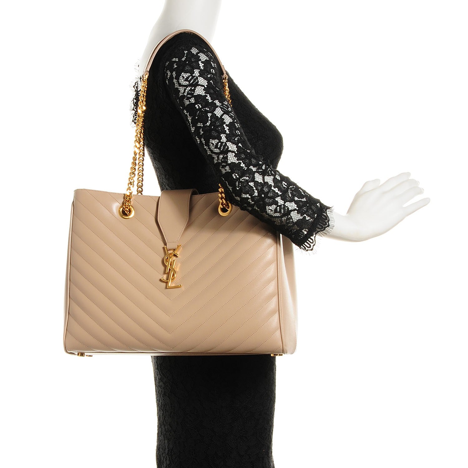 Saint Laurent Grain De Poudre Matelasse Chevron Monogram Shopping Bag Dark Beige 2 of 9