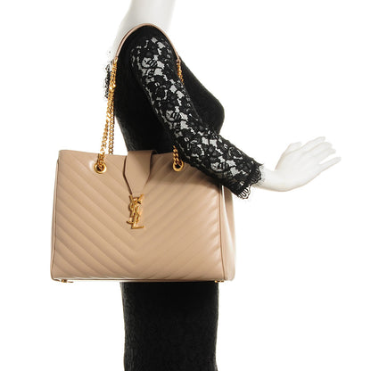 Saint Laurent Grain De Poudre Matelasse Chevron Monogram Shopping Bag Dark Beige 2 of 9