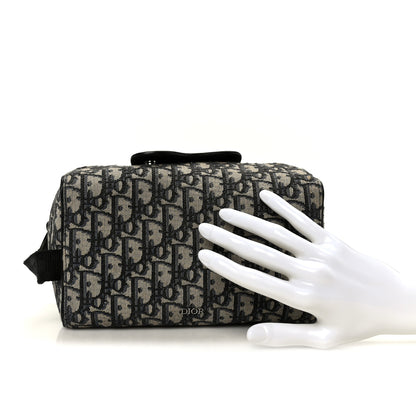 Christian Dior Oblique Jacquard Grained Calfskin Lingot Toiletry Case Blue Black 2 of 9