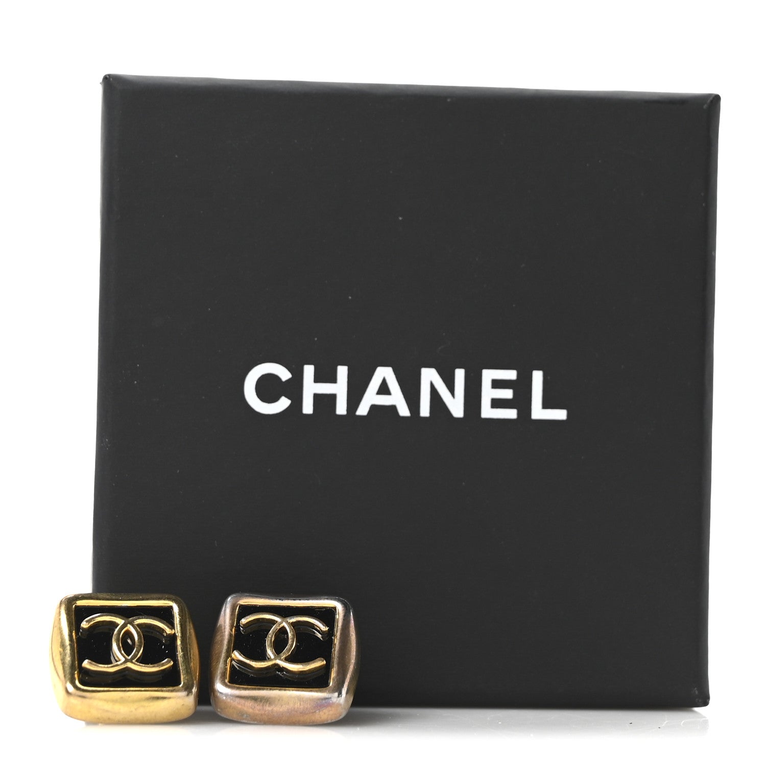 Chanel Metal Enamel CC Square Earrings Gold Black 5 of 5