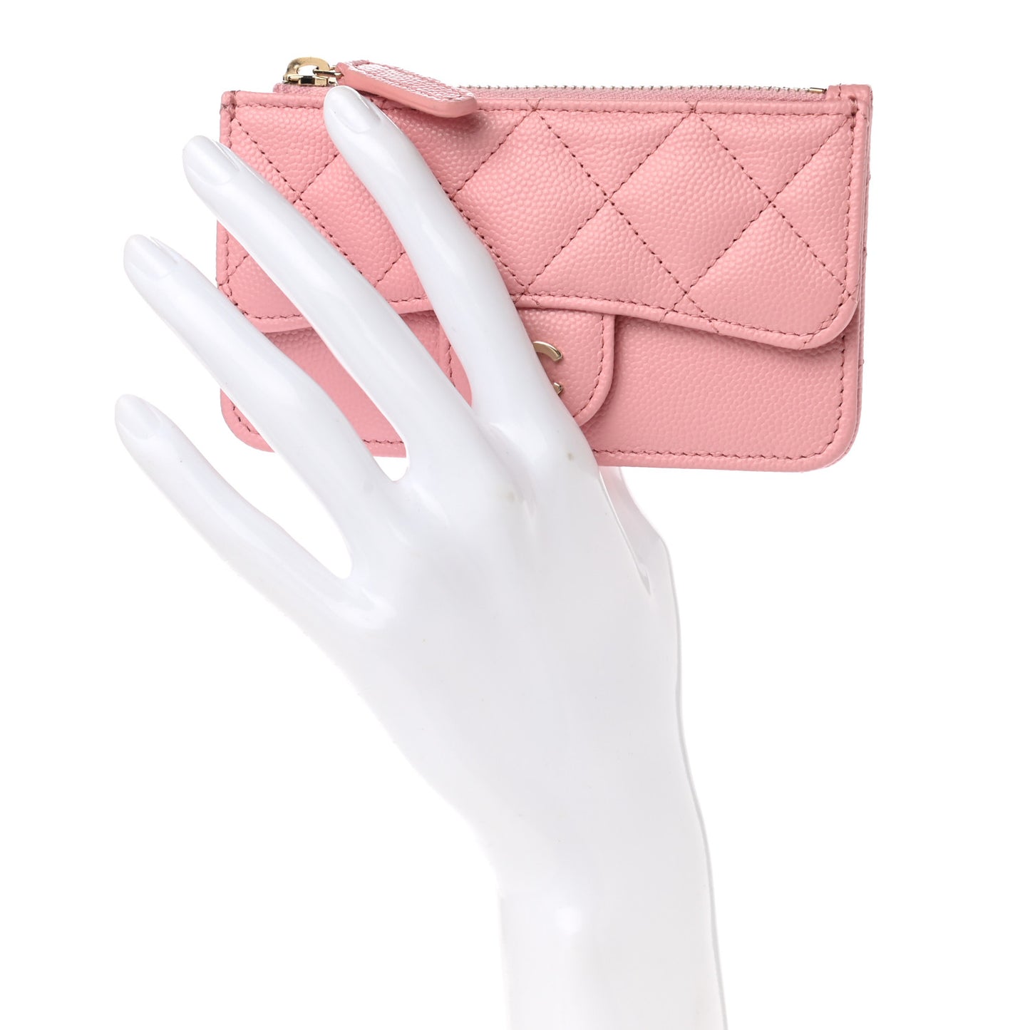 Caviar Quilted Flap Zip Card Holder Pink