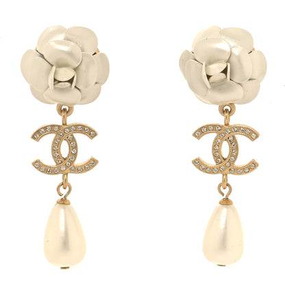 Chanel Metal Crystal Pearl 90s Camellia CC Drop Earrings Gold 1 of 5