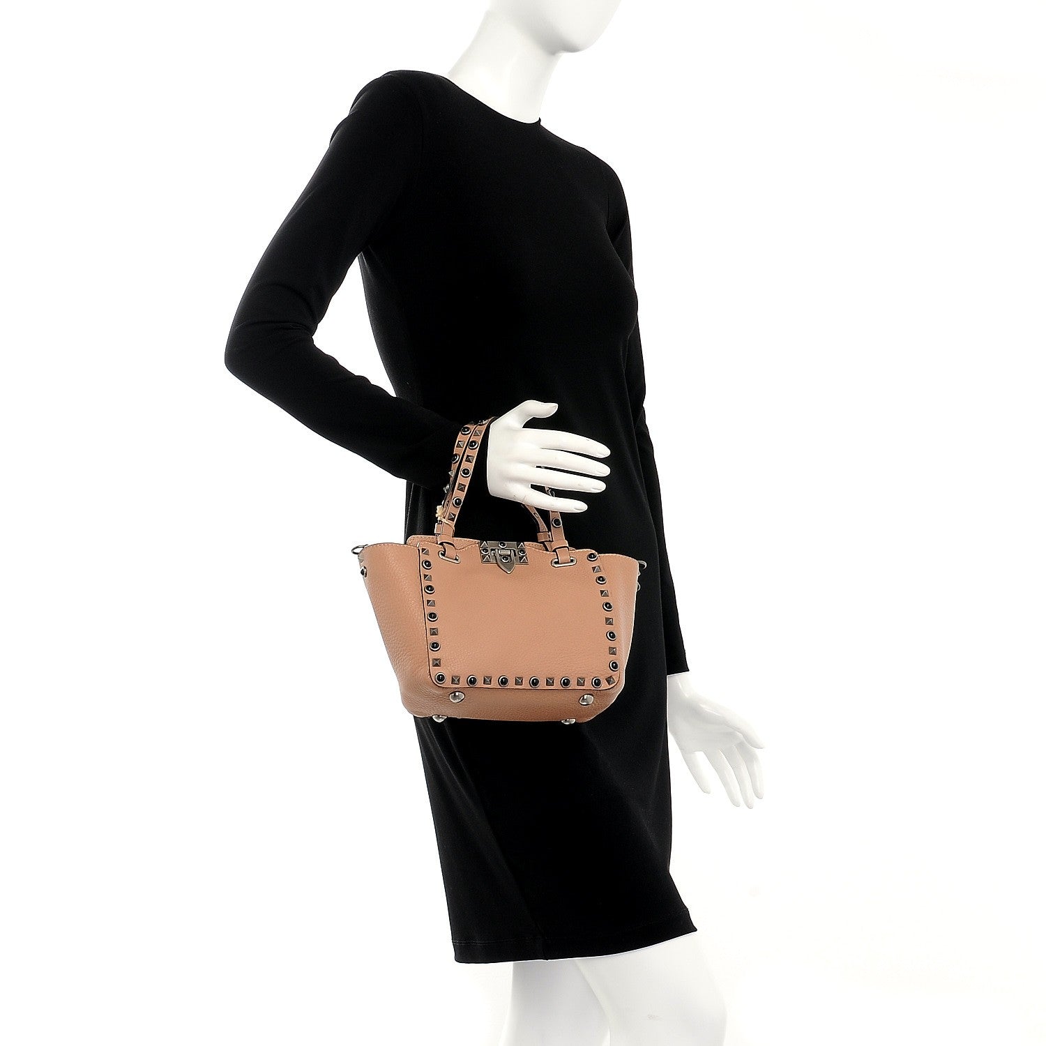 Valentino Garavani Pebbled Calfskin Mini Rockstud Rolling Tote Soft Noisette 3 of 8