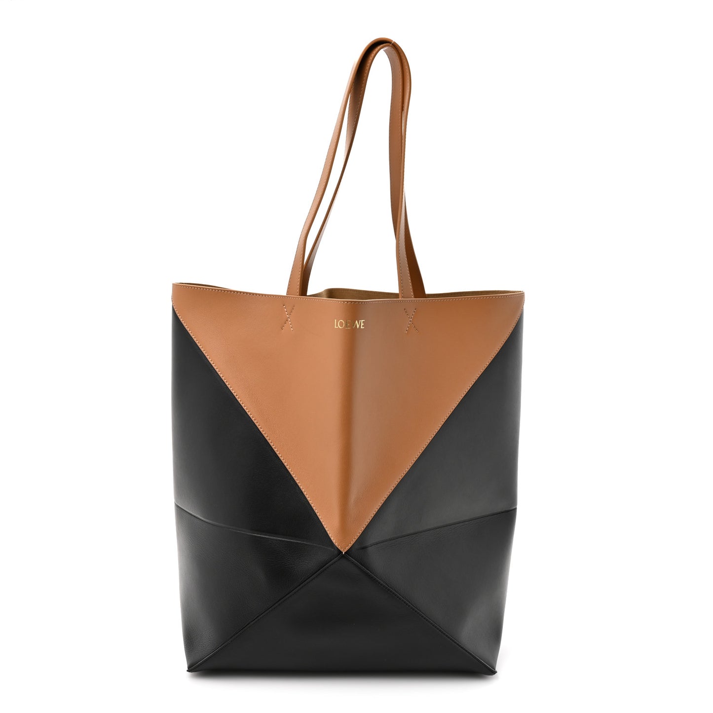Shiny Calfskin Large  Puzzle Fold Tote Warm Desert Black