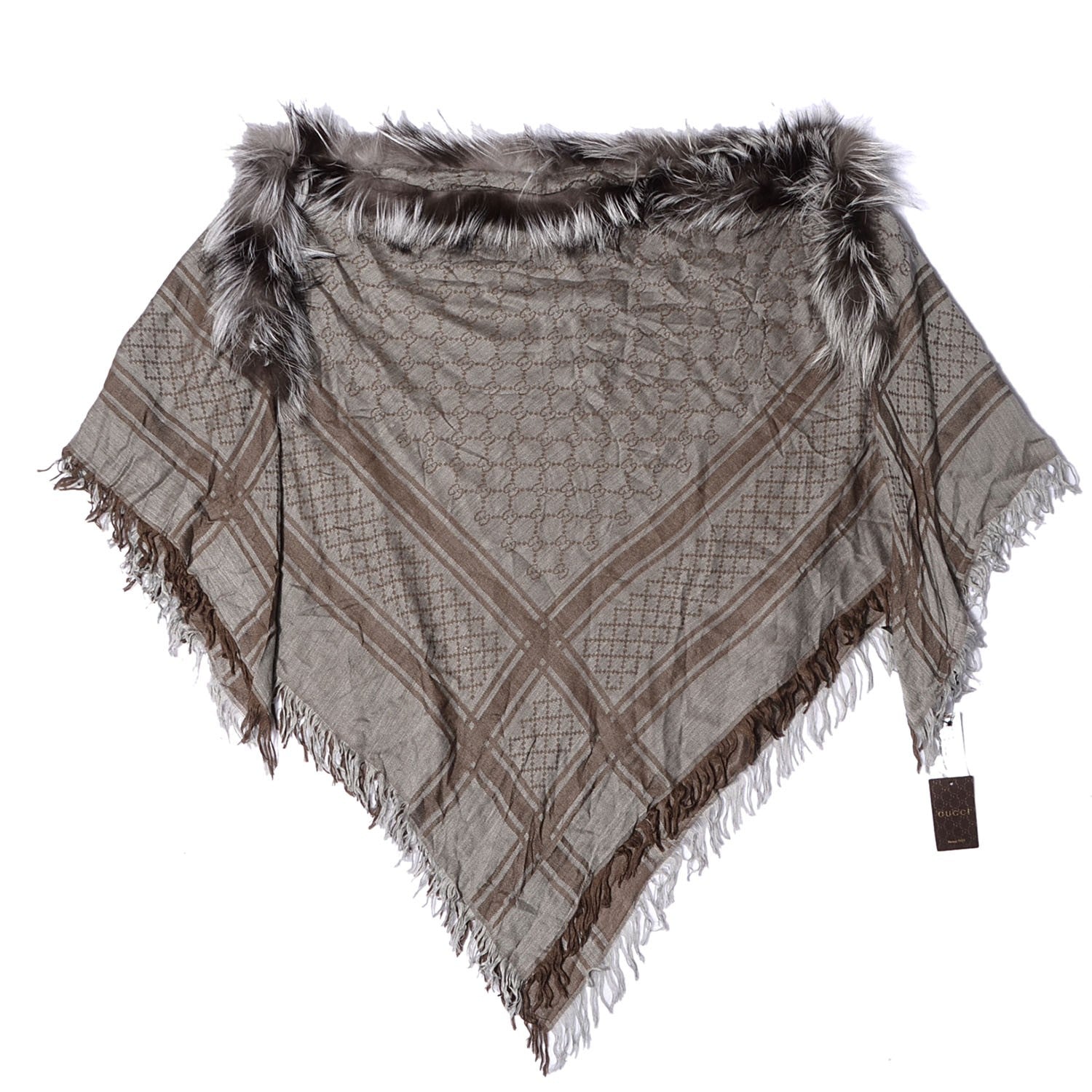 Gucci Wool Silk Fox Fur Monogram Shawl Scarf Brown 3 of 6