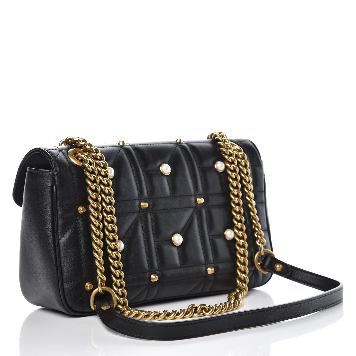 Gucci Calfskin Matelasse Studded Small Pearly GG Marmont Shoulder Bag Black 3 of 7
