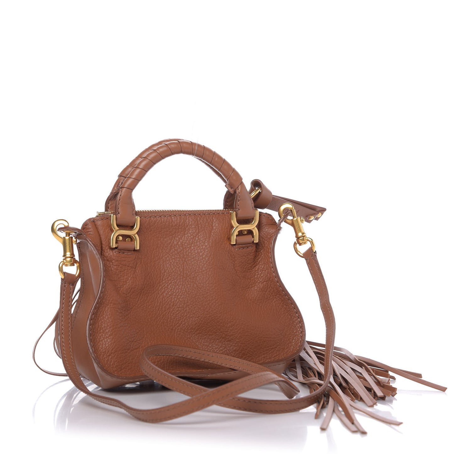 Shiny Small Grain Calfskin Mini Marcie Multi Fringe Satchel Tan
