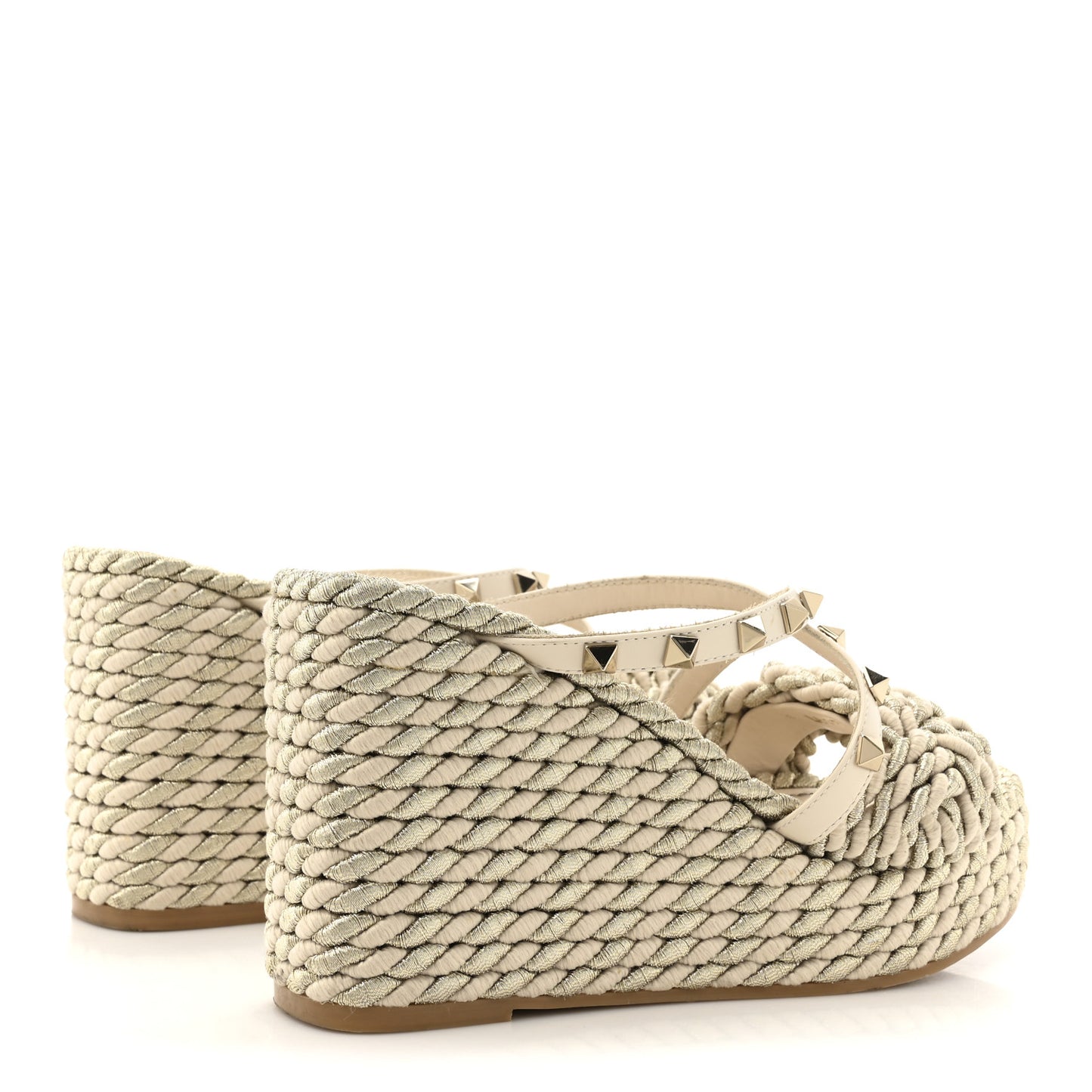 Calfskin Silk Rockstud Torchon Espadrille Wedge 25/95mm Slide Sandals 37 Light Ivory