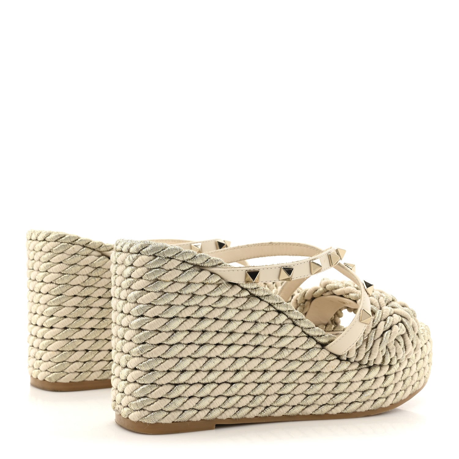 Valentino Garavani Calfskin Silk Rockstud Torchon Espadrille Wedge 25/95mm Slide Sandals 37 Light Ivory 5 of 12