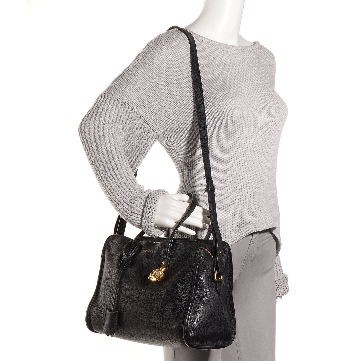 Pebbled Calfskin Small Skull Padlock Zip Around Tote Black