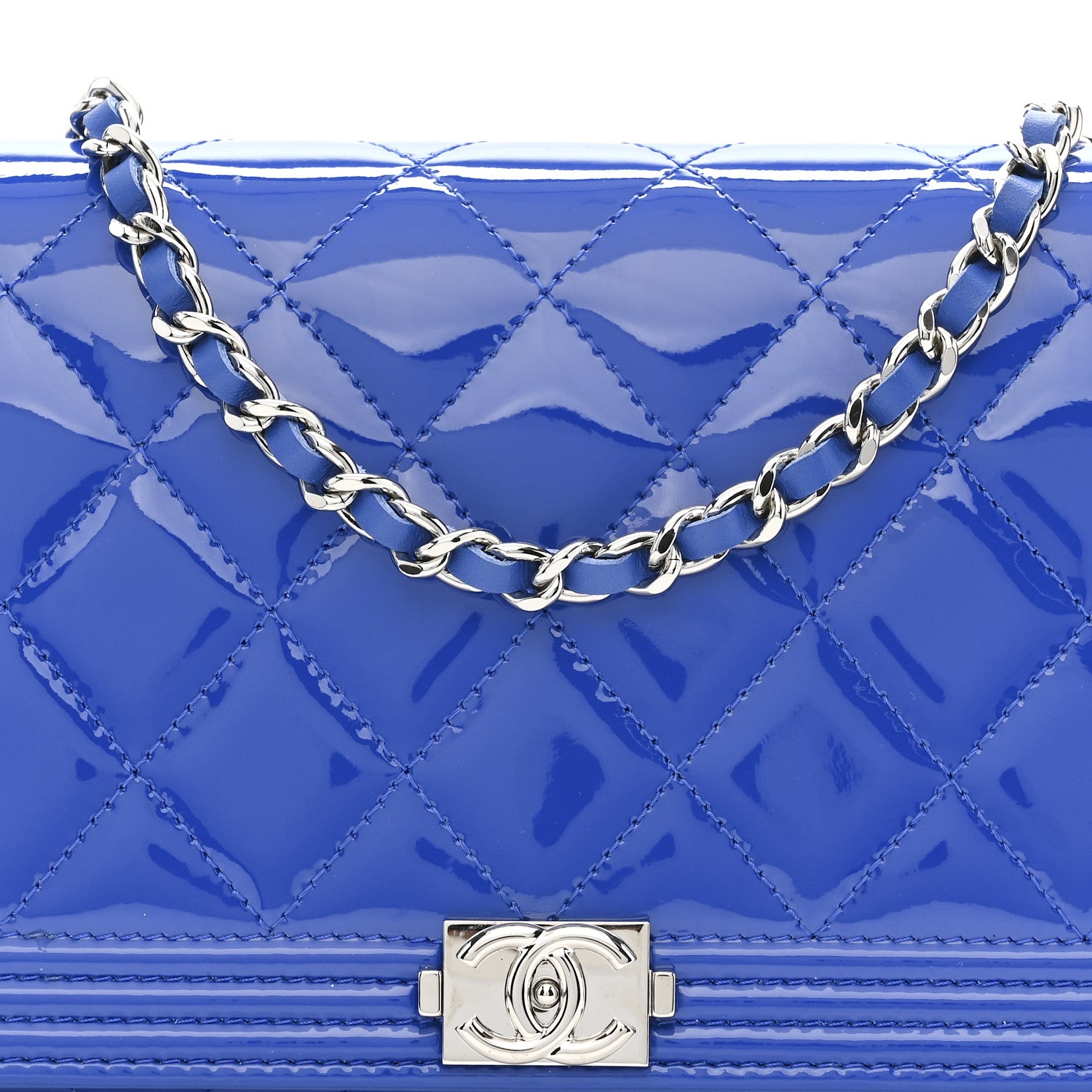 Chanel Patent Calfskin Quilted Boy Wallet on Removable Chain Blue 10 of 16