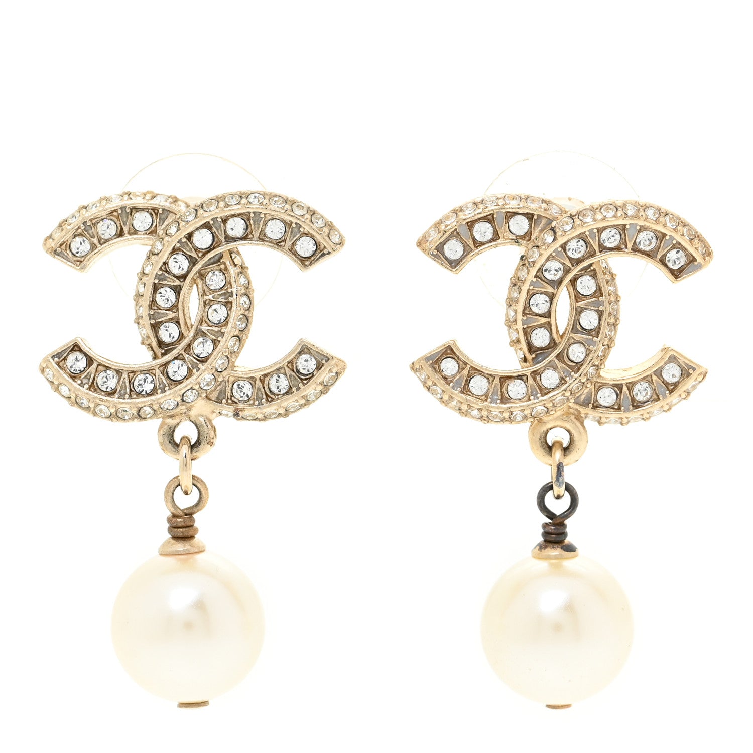 Chanel Crystal Pearl CC Drop Earrings Gold 1 of 7