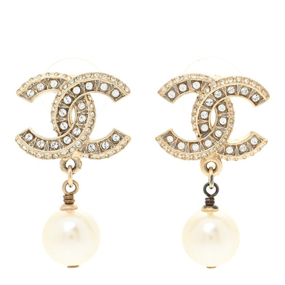 Chanel Crystal Pearl CC Drop Earrings Gold 1 of 7