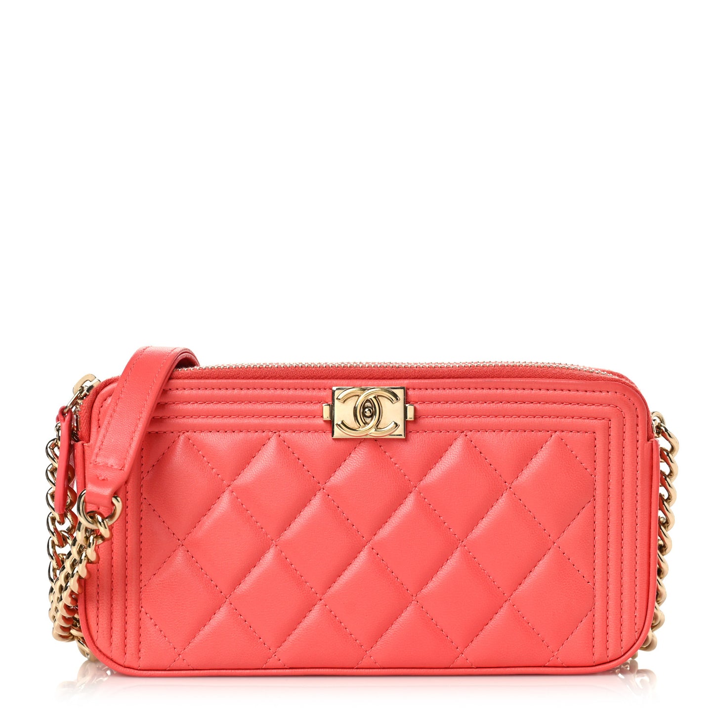 Lambskin Quilted Small Boy Clutch With Chain Coral