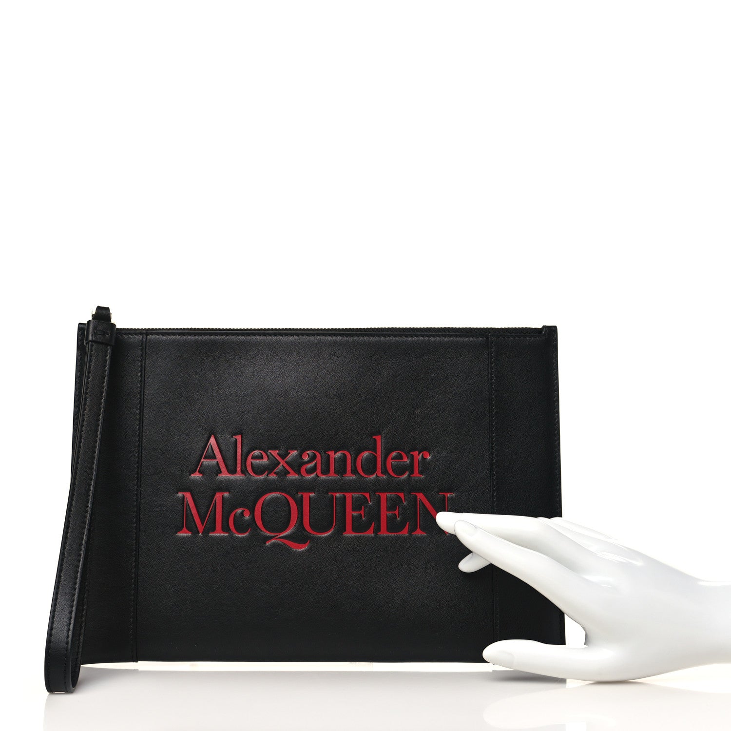 Alexander McQueen Calfskin Logo Zip Wristlet Pouch Black Red 2 of 6