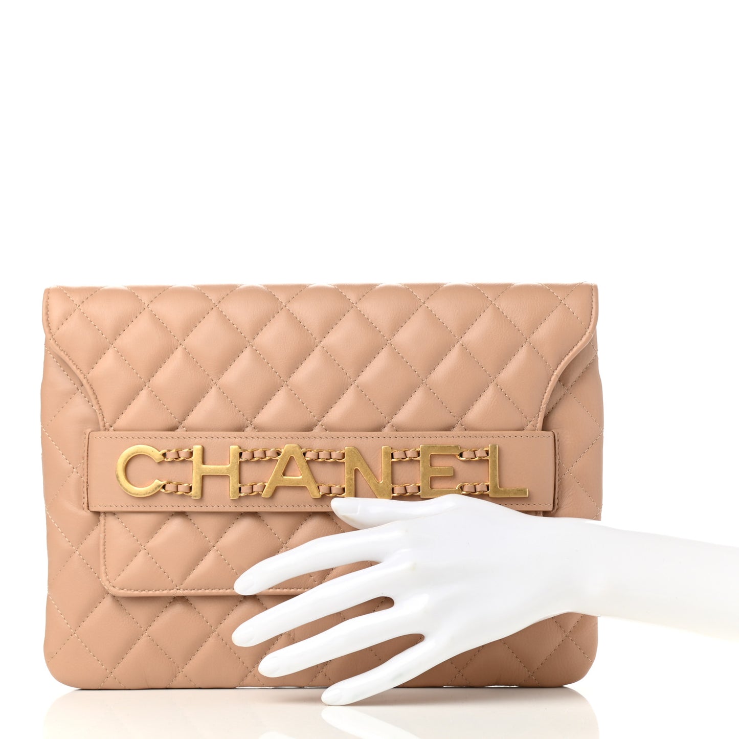 Calfskin Quilted Front Logo Enchained Clutch Beige