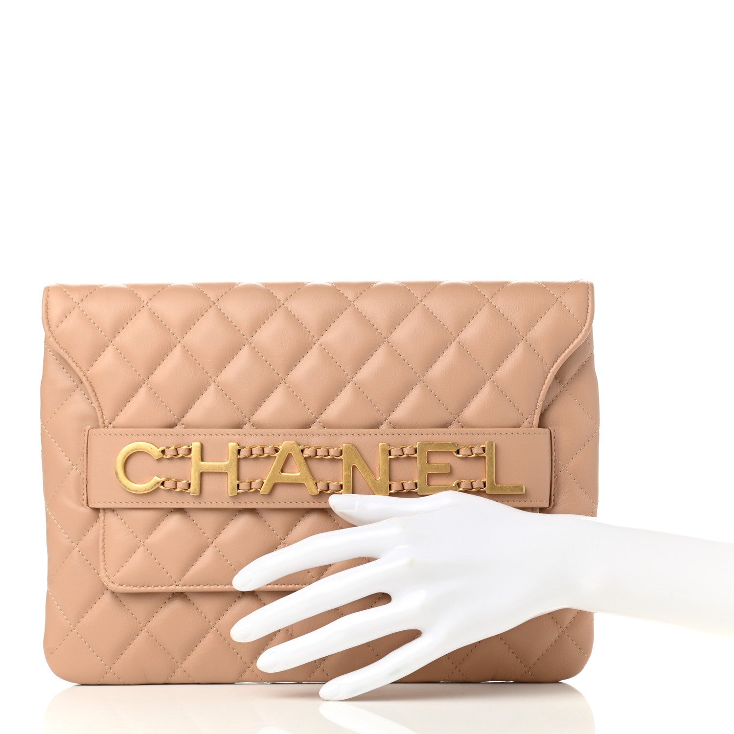 Chanel Calfskin Quilted Front Logo Enchained Clutch Beige 2 of 8