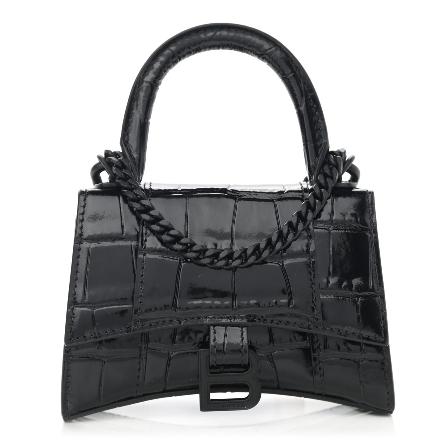 Shiny Calfskin Monochrome Crocodile Embossed Hourglass Top Handle Bag Mini with Chain Black