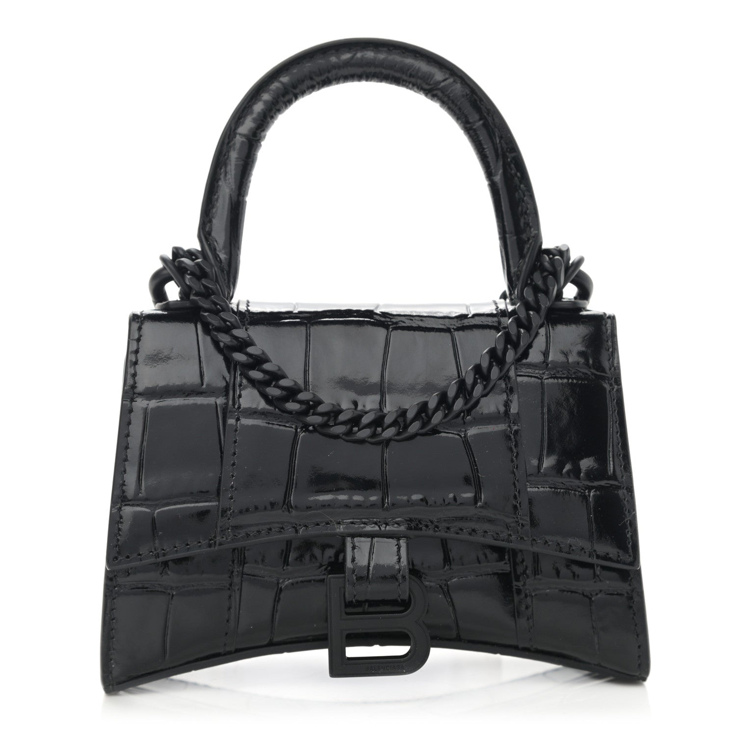 Balenciaga Shiny Calfskin Monochrome Crocodile Embossed Hourglass Top Handle Bag Mini with Chain Black 1 of 10