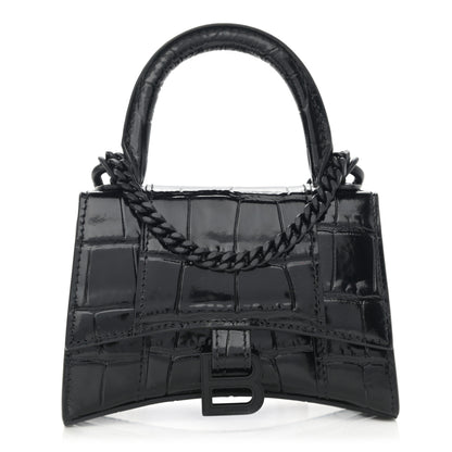 Balenciaga Shiny Calfskin Monochrome Crocodile Embossed Hourglass Top Handle Bag Mini with Chain Black 1 of 10