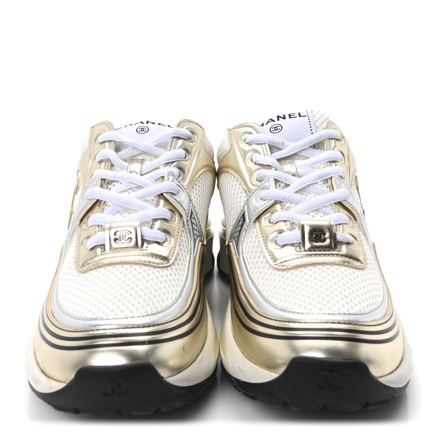 Chanel Fabric Laminated Calfskin Stretch CC Sneakers 36 White Gold