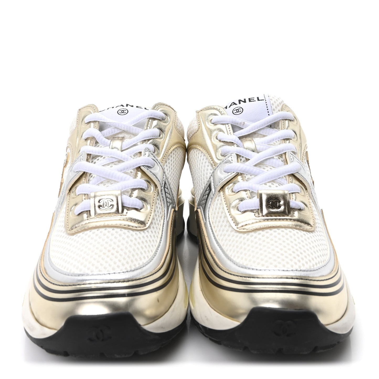 Fabric Laminated Calfskin Stretch CC Sneakers 36 White Gold Silver