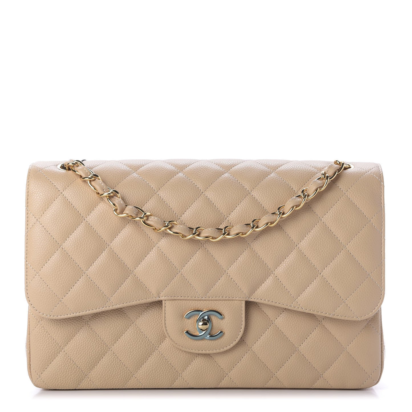 Caviar Quilted Jumbo Double Flap Beige Clair