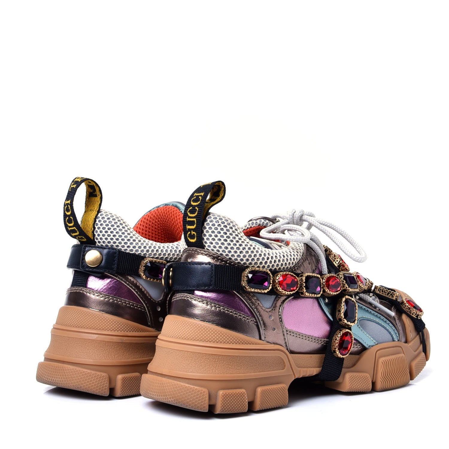 Gucci X SEGA Metallic Calfskin Mesh Removable Crystals Womens Flashtrek Sneakers 36 Rame Mystic White Lago 3 of 10