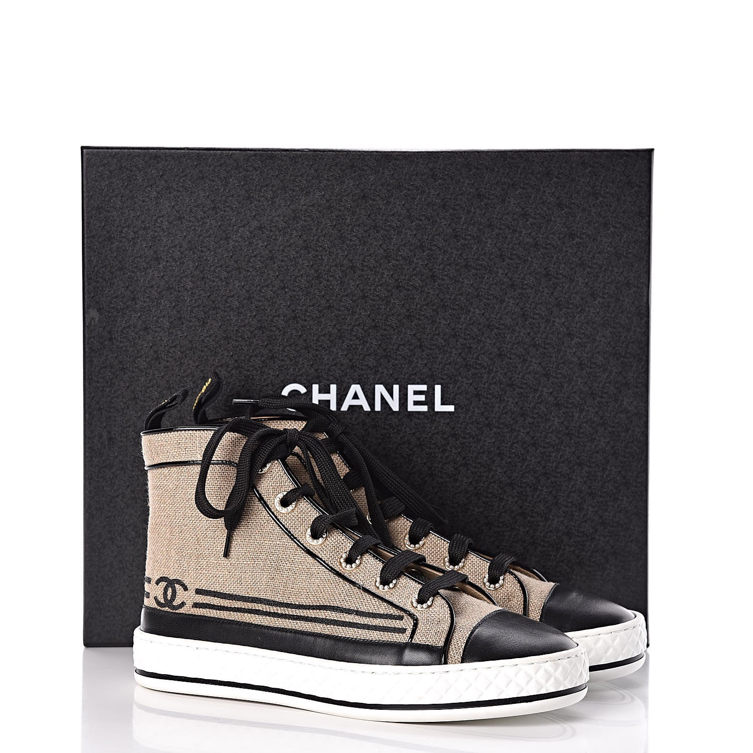 Chanel Fabric Lambskin Lace Up Cap Toe Sneakers 37 White Black 11 of 11