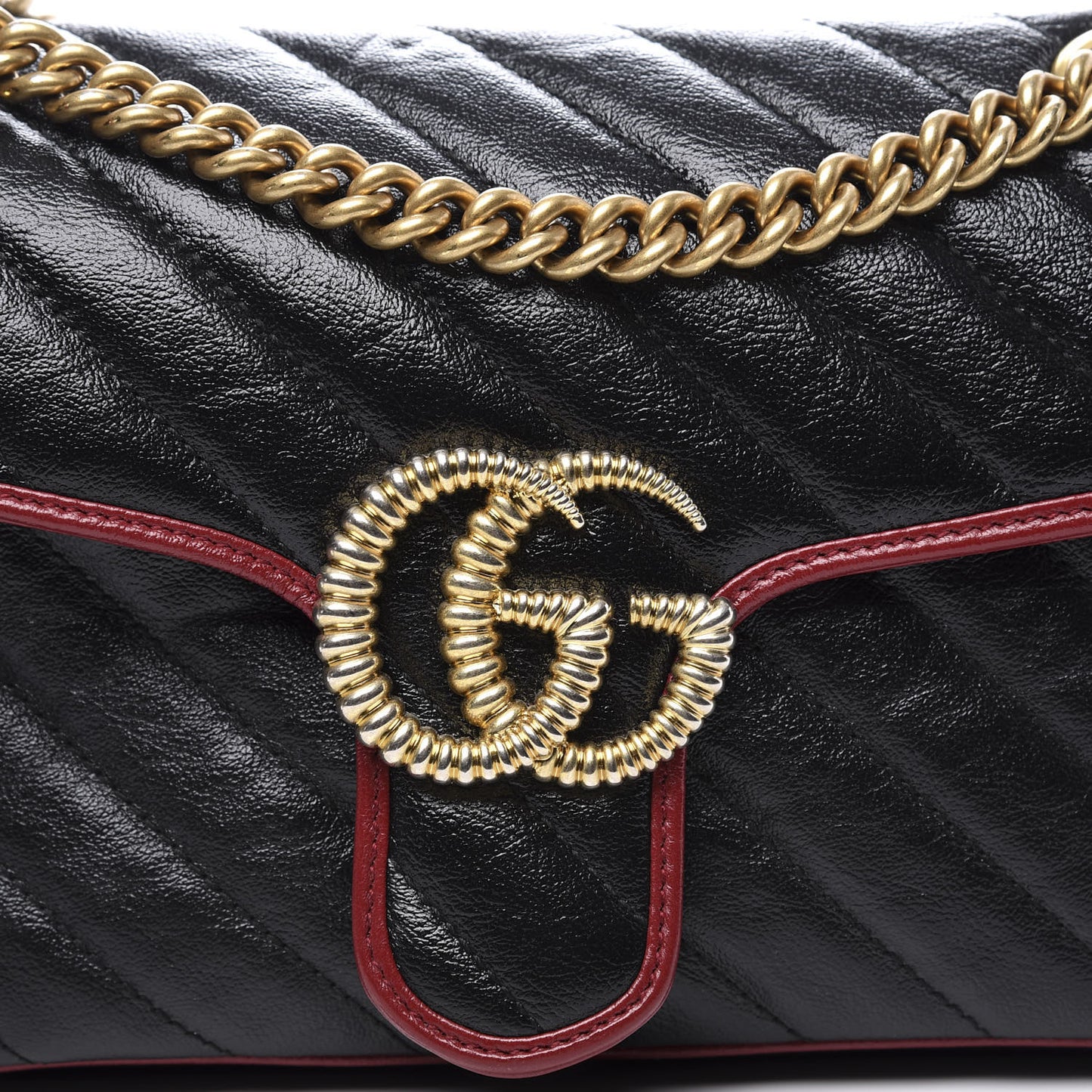 Vintage Effect Calfskin Matelasse Diagonal Small Torchon GG Marmont Shoulder Bag Black Romantic Cherry