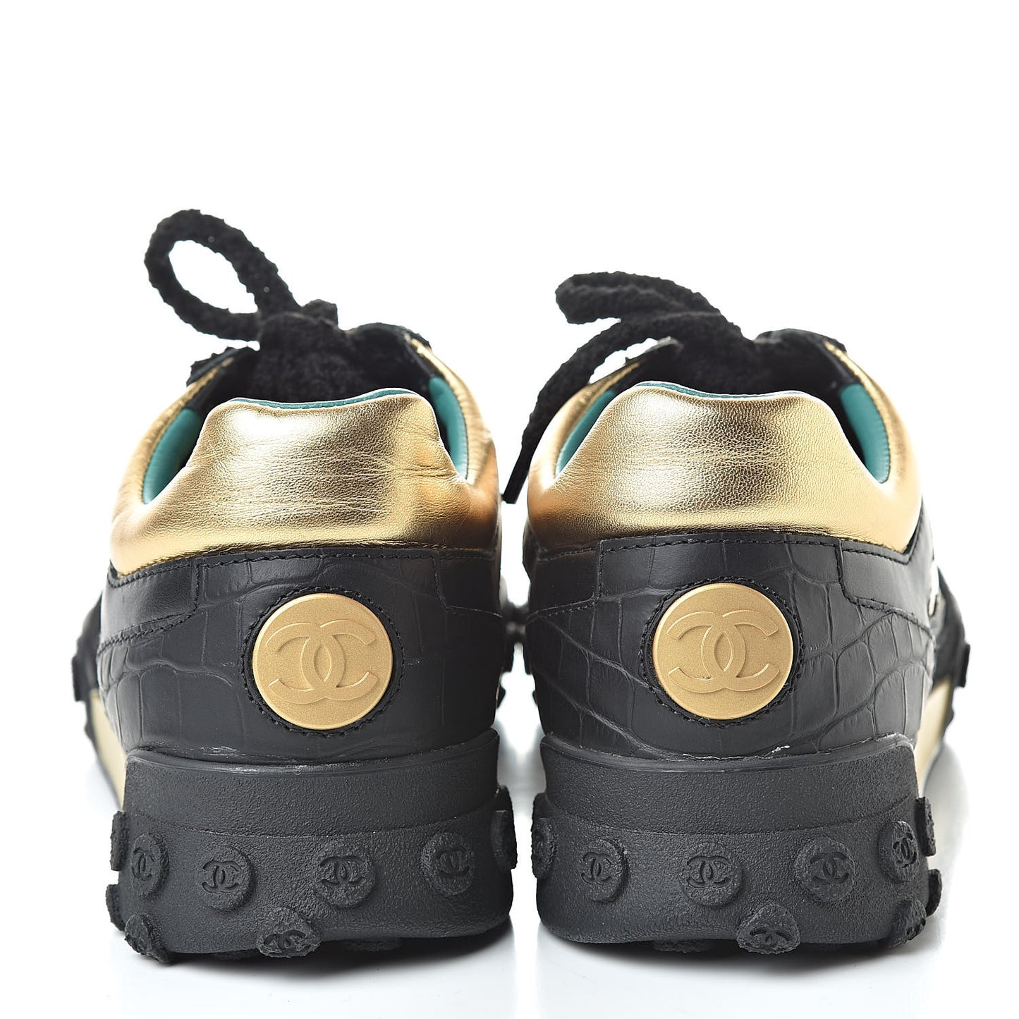 Metallic Fabric Calfskin Suede Crocodile Embossed CC Sneakers 38 Black Gold