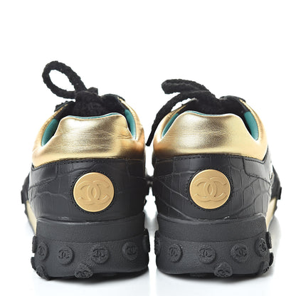 Chanel Metallic Fabric Calfskin Suede Crocodile Embossed CC Sneakers 38 Black Gold 5 of 10