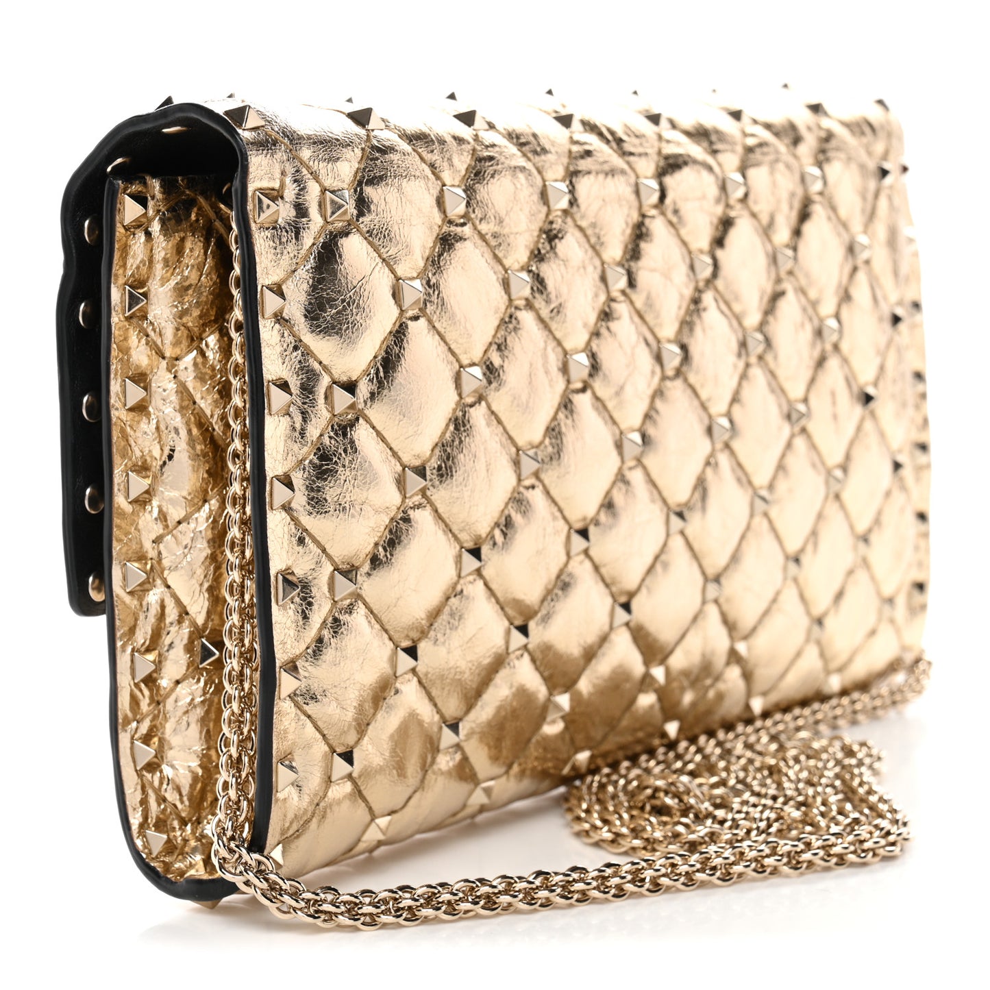 Metallic Wrinkled Lambskin Rockstud Spike Wallet on Chain Mekong
