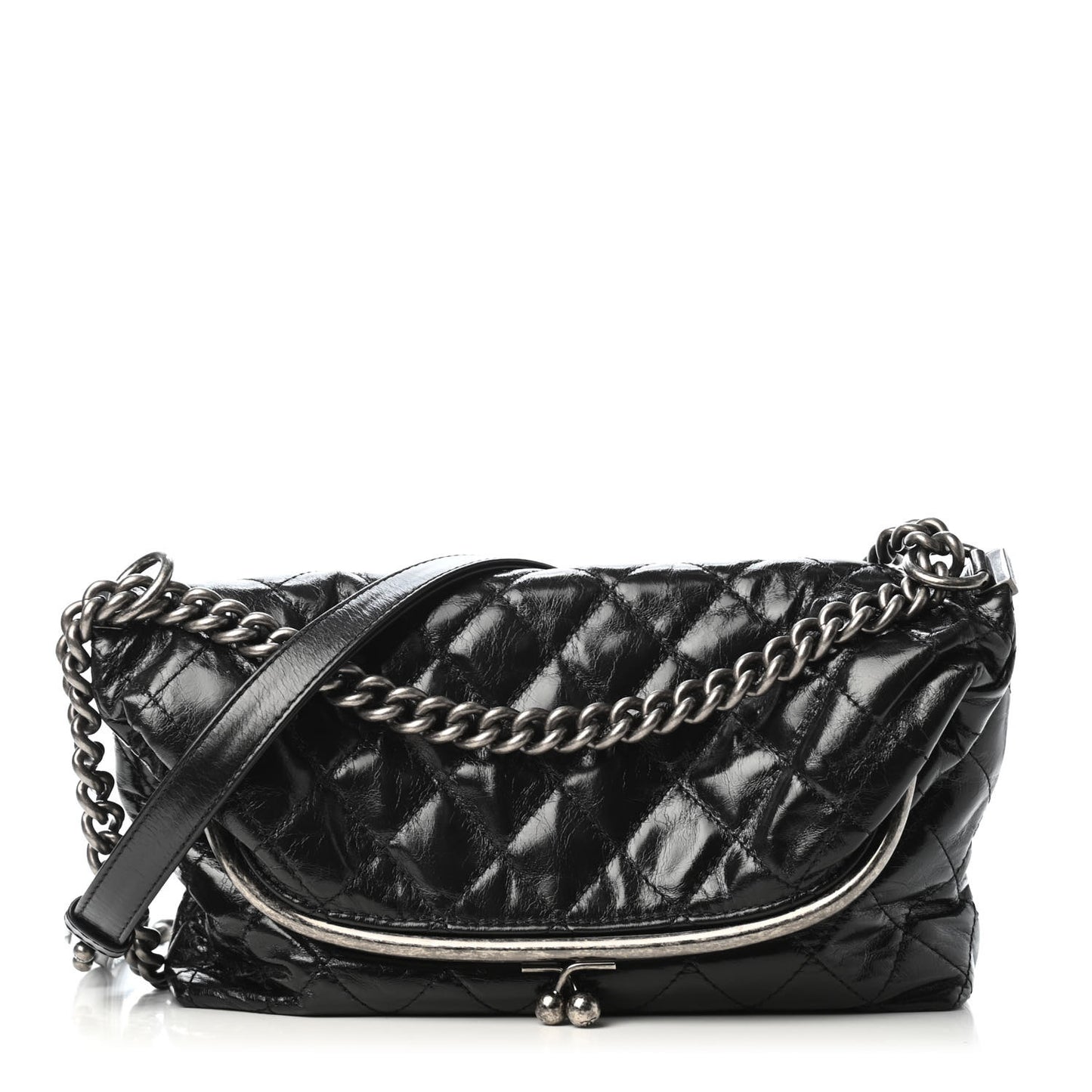 Glazed Calfskin Quilted Framed Shoulder Bag Black