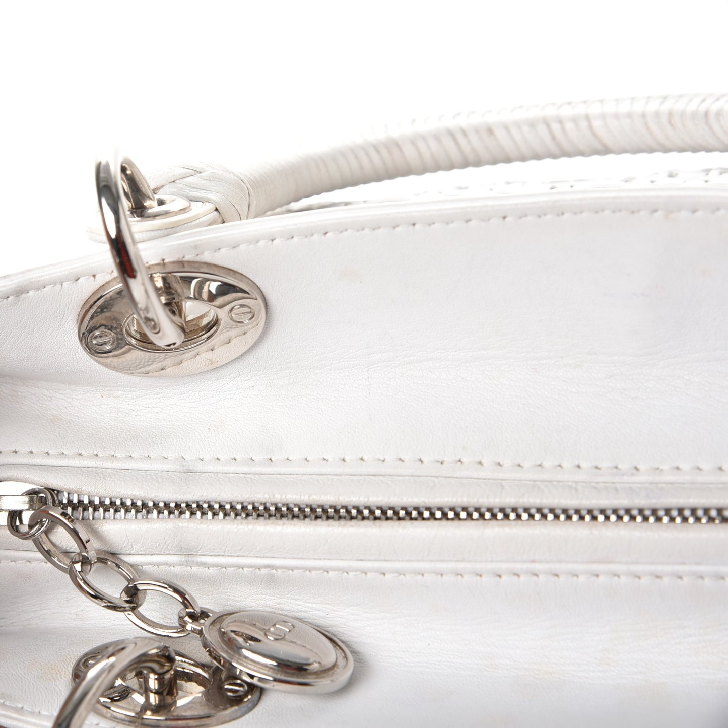Lambskin Stitched Woven Medium Lady Dior White