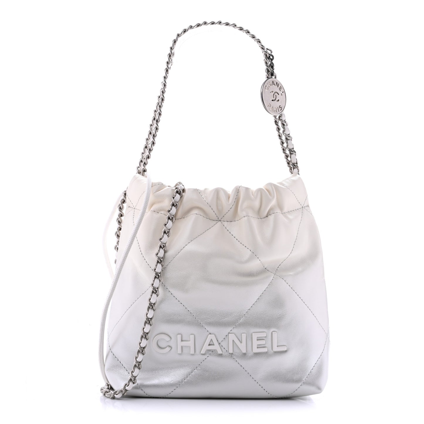 Metallic Shaded Calfskin Quilted Mini Chanel 22 White Silver
