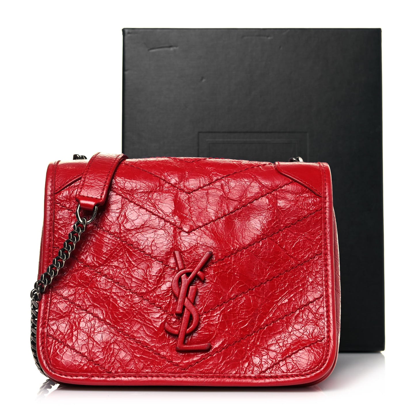 Crinkled Calfskin Matelasse Monogram Niki Chain Wallet Red