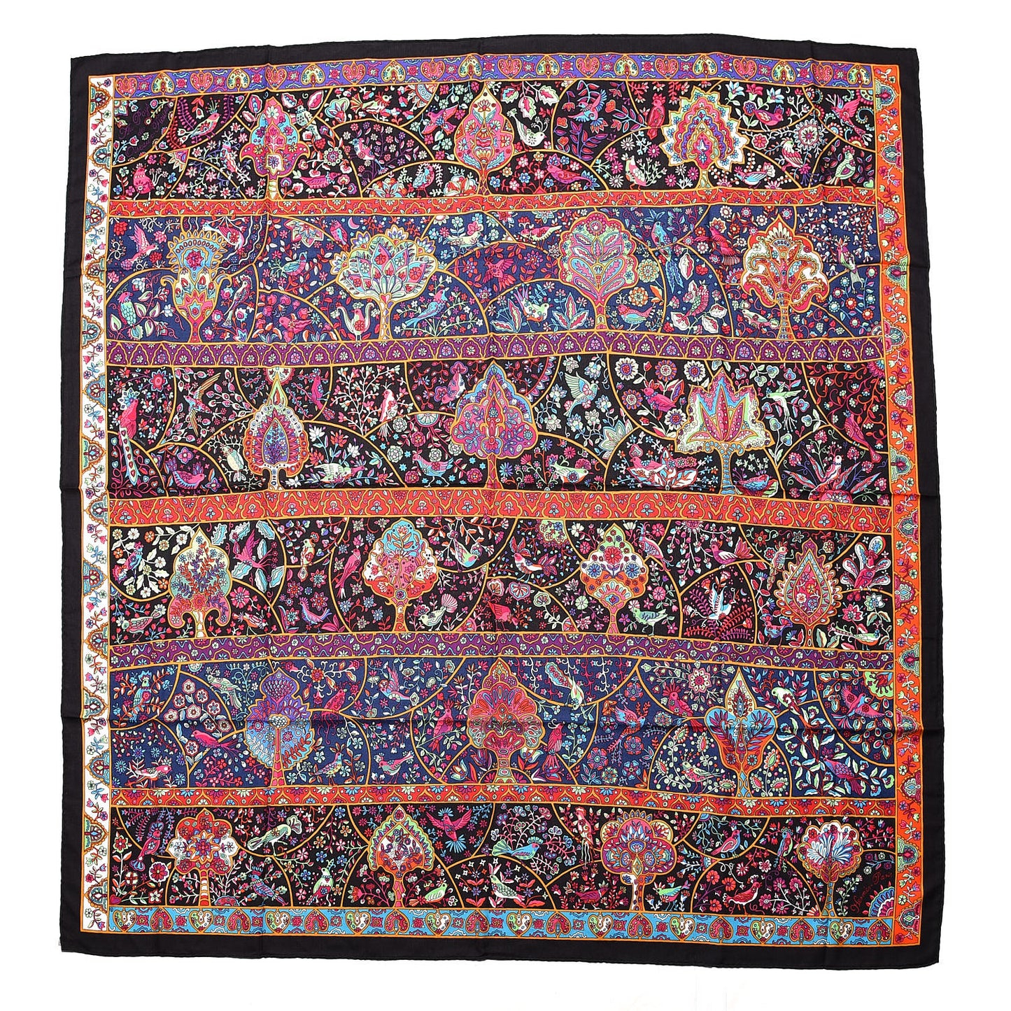 Cashmere Silk Au Pays Des Oiseaux Fleurs Shawl 140 Black Fuchsia Vert