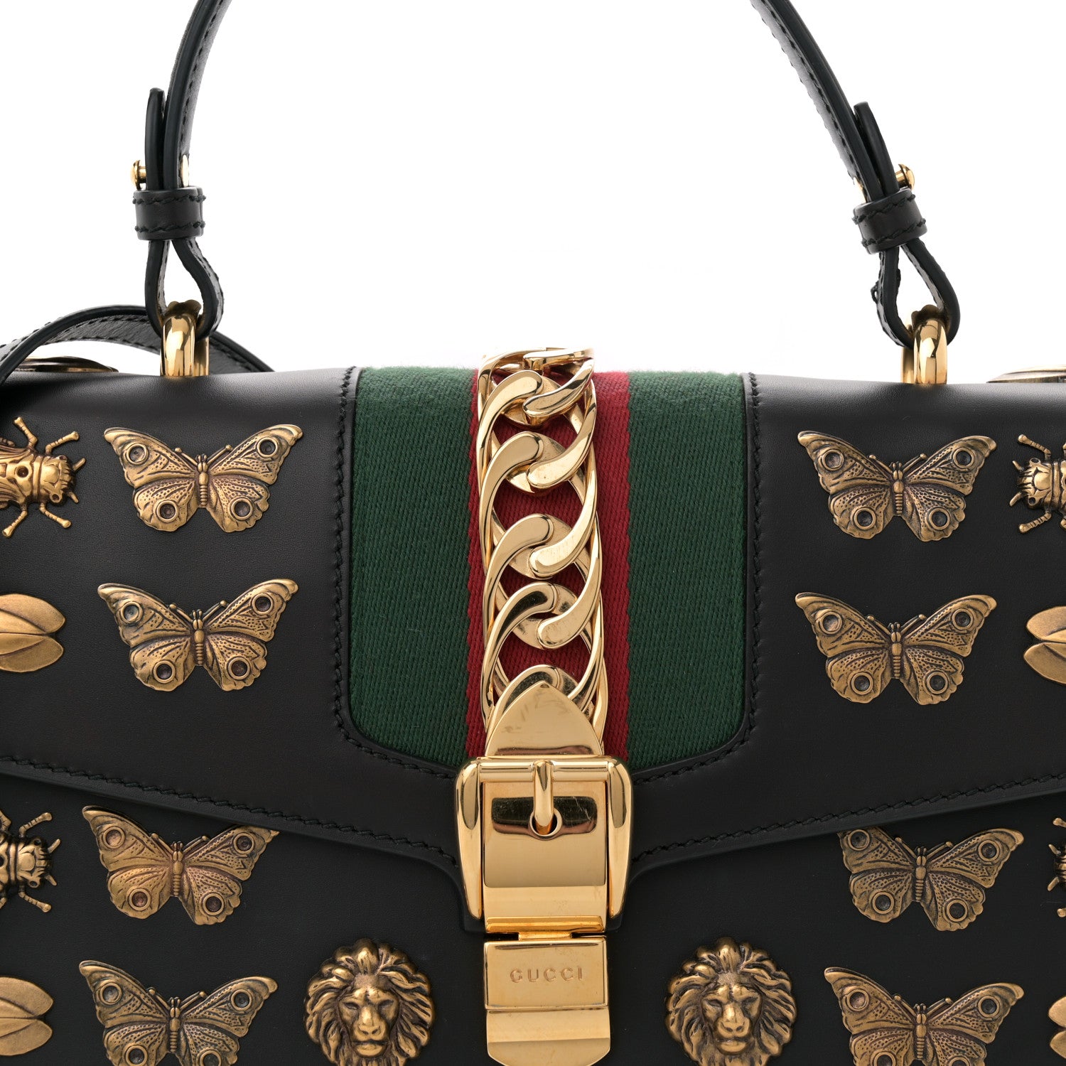 Gucci Calfskin Animal Studs Medium Sylvie Top Handle Bag Black 8 of 11
