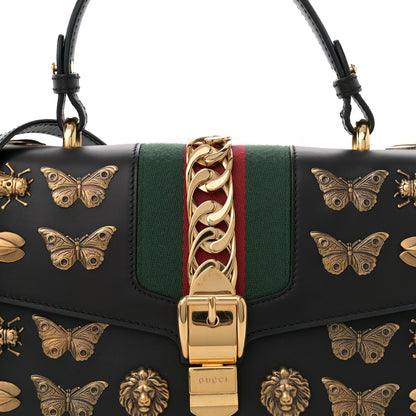 Gucci Calfskin Animal Studs Medium Sylvie Top Handle Bag Black 8 of 11