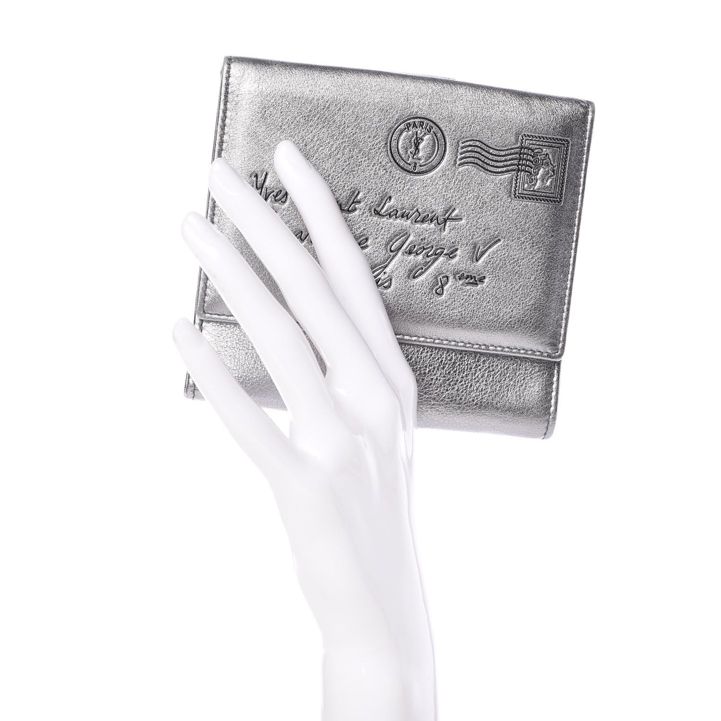 Metallic Grained Calfskin Y-Mail French Wallet Silver