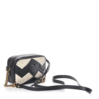 Gucci Calfskin Matelasse Mini GG Marmont Chain Shoulder Bag Black White 3 of 10